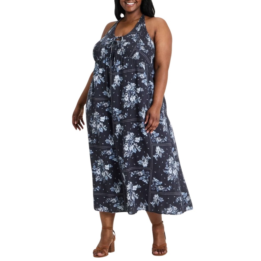 Universal Thread Women's 4X Navy Blue Floral Smocked Halter Boho Maxi Dress